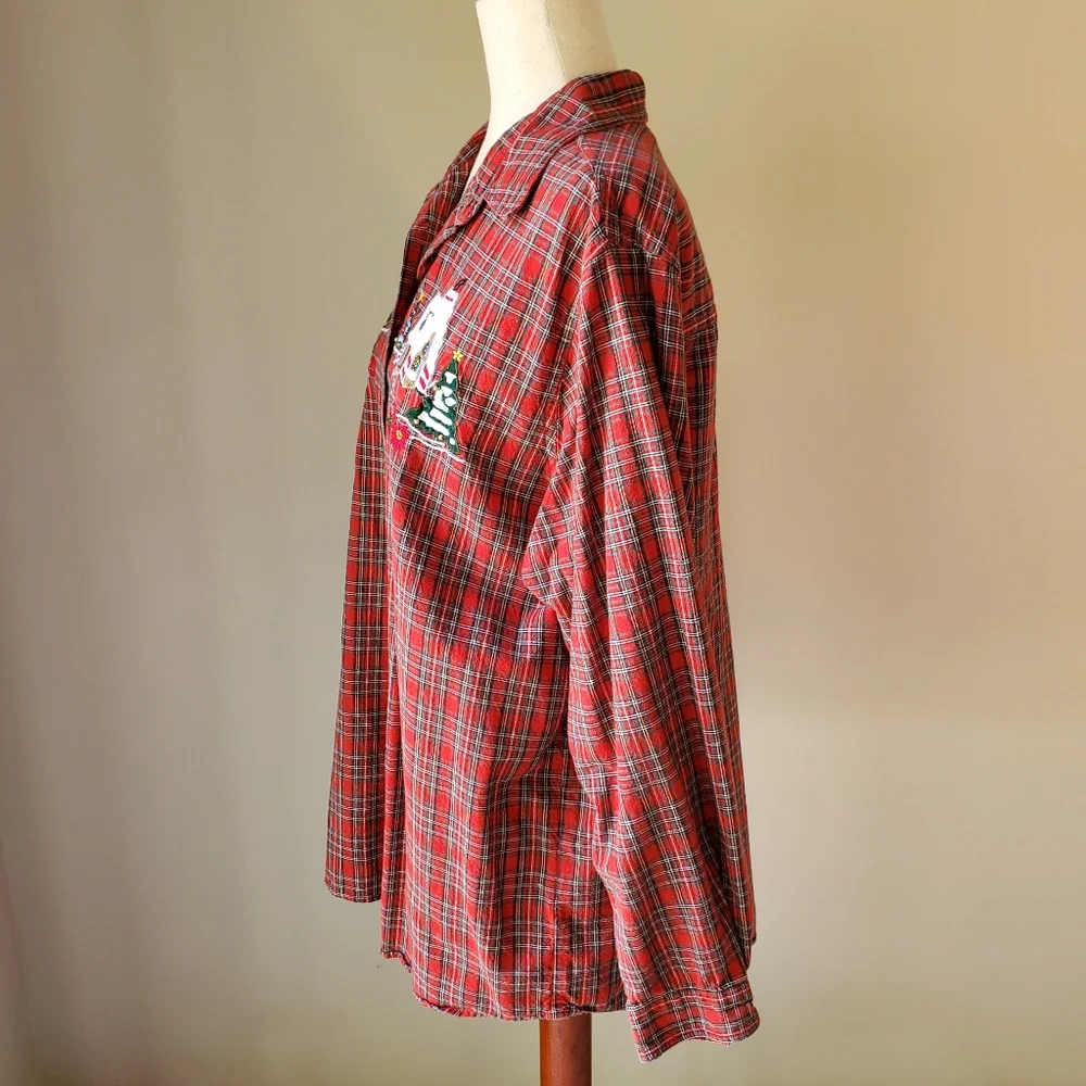 Vintage Christmas Plaid Casey & Max XL Holiday Red Festive Button Down Top - Picture 5 of 11